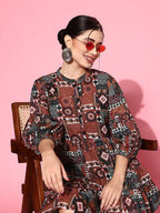 Yufta Ethnic Motifs Print Puff Sleeves Tiered Fit & Flare Pure Cotton Dress - Distacart