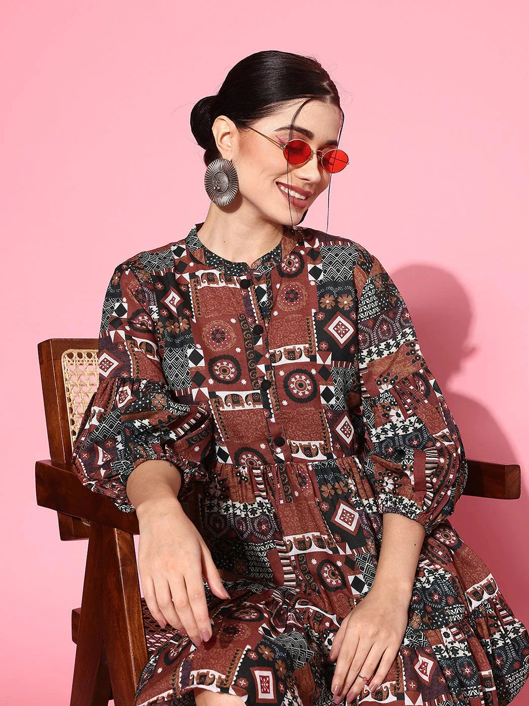 Yufta Ethnic Motifs Print Puff Sleeves Tiered Fit & Flare Pure Cotton Dress - Distacart