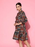 Yufta Ethnic Motifs Print Puff Sleeves Tiered Fit & Flare Pure Cotton Dress - Distacart