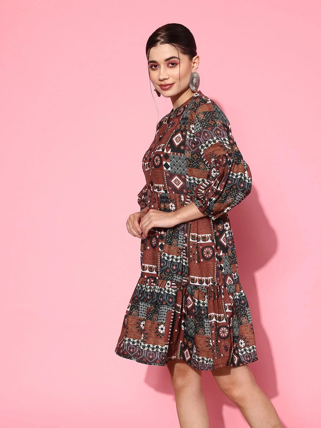 Yufta Ethnic Motifs Print Puff Sleeves Tiered Fit & Flare Pure Cotton Dress - Distacart