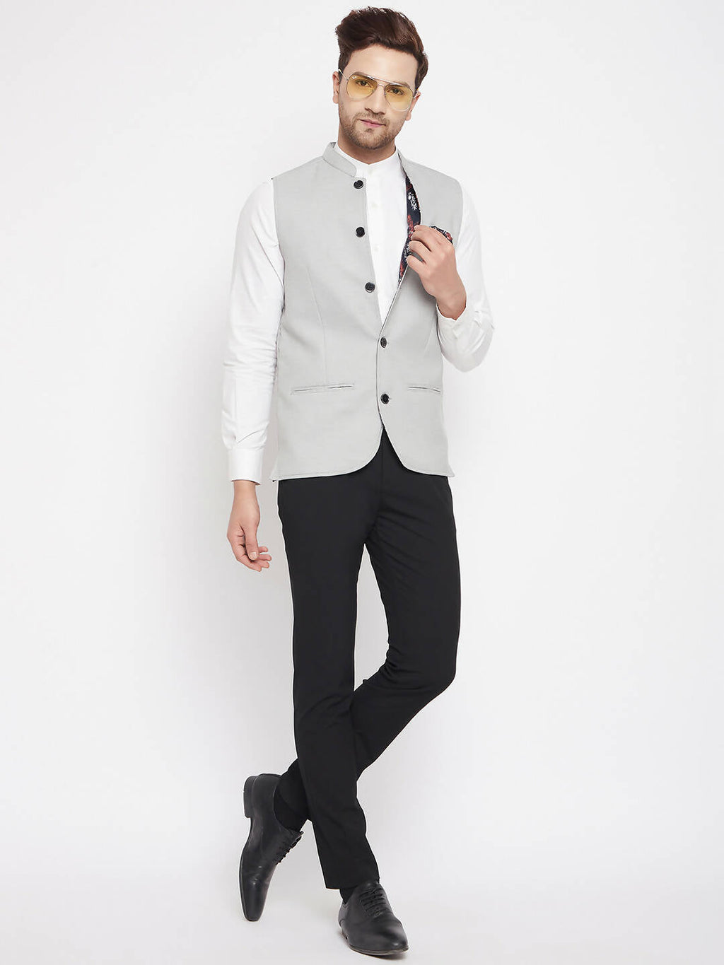 Even Apparels Grey Merino Men's Nehru Jacket-Contrast Lining-Free Pocket Square - Distacart