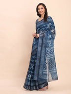 Shree Shyam Fashion Linen Cotton Indigo Blue Saree - Distacart