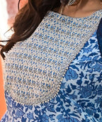 Yufta Women Blue Printed Pure Cotton Anarkali Kurta with Trouser & With Dupatta