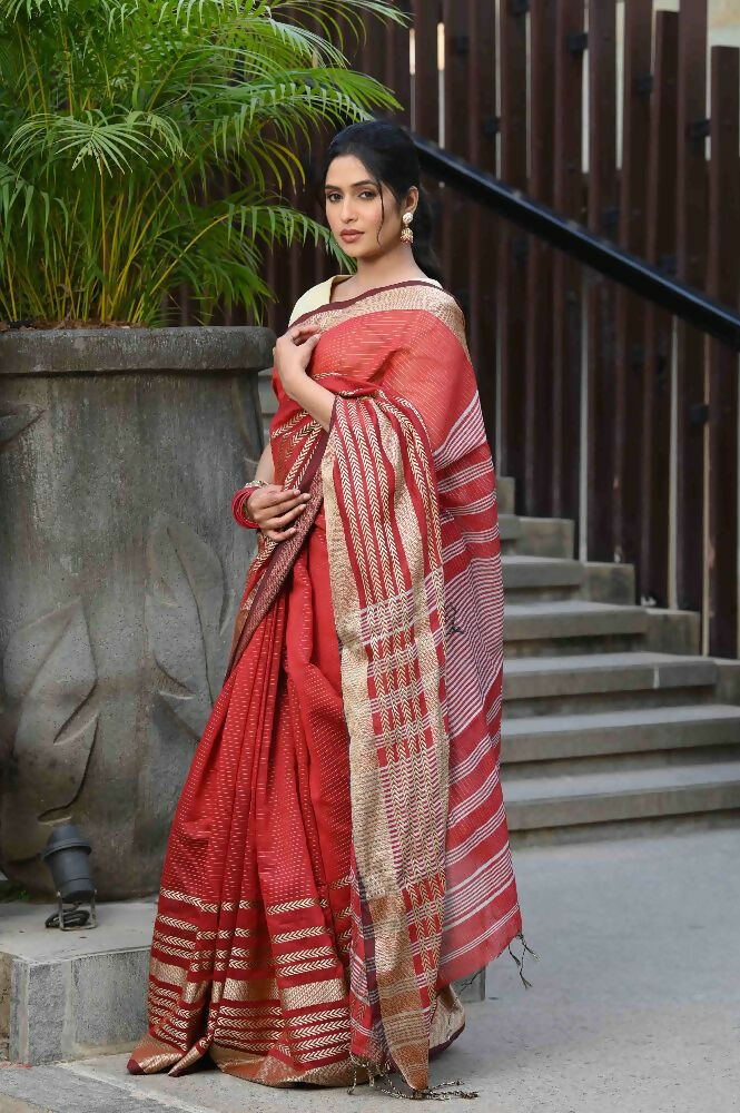 Beatitude Red Cotton Stripes Border Handloom Saree