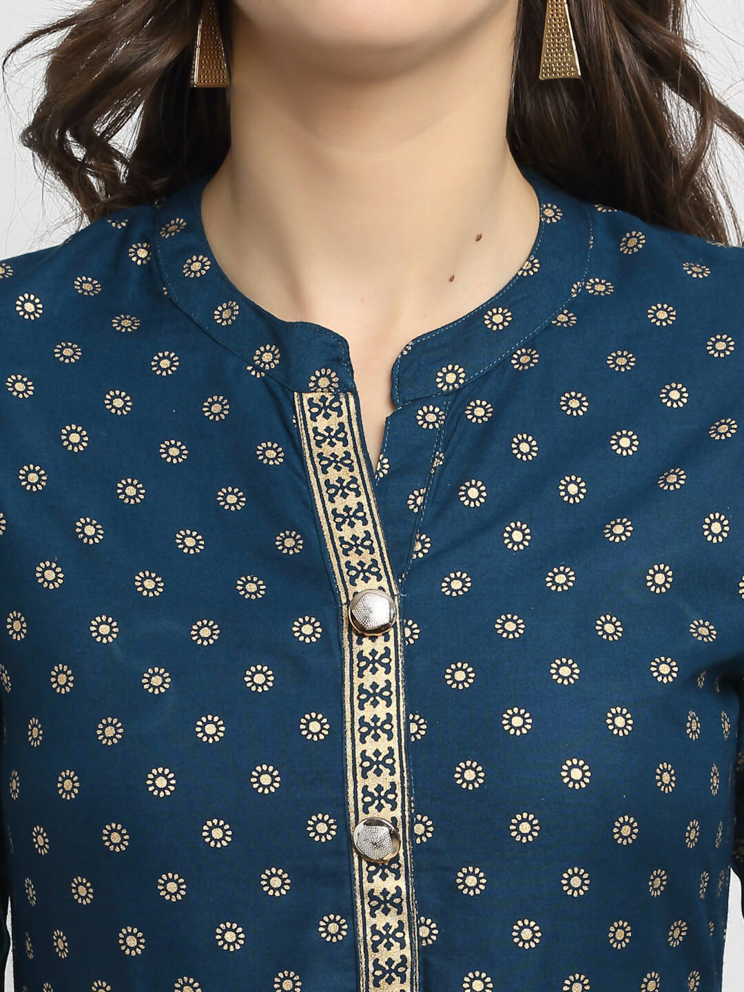 Rudra Bazaar A-Line Gold Floral Printed Turquoise Blue Kurti - Distacart