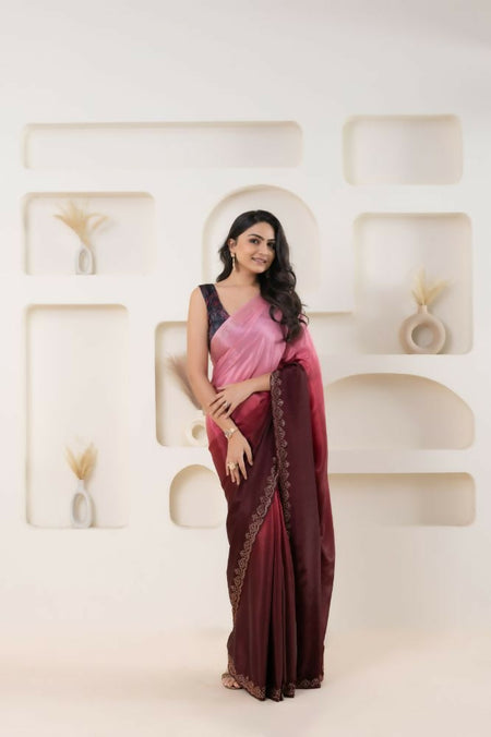 Pink Satin Pedding Designer, Printed Party Wear Ready To Wear Saree - Femina