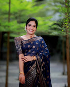 DEIANA'S Beautiful Designer Golden zari Soft Lichi Silk Saree - Navy Blue