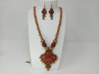 Terracotta Modern Long Necklace Set With Hangings-Indian Red And Gold