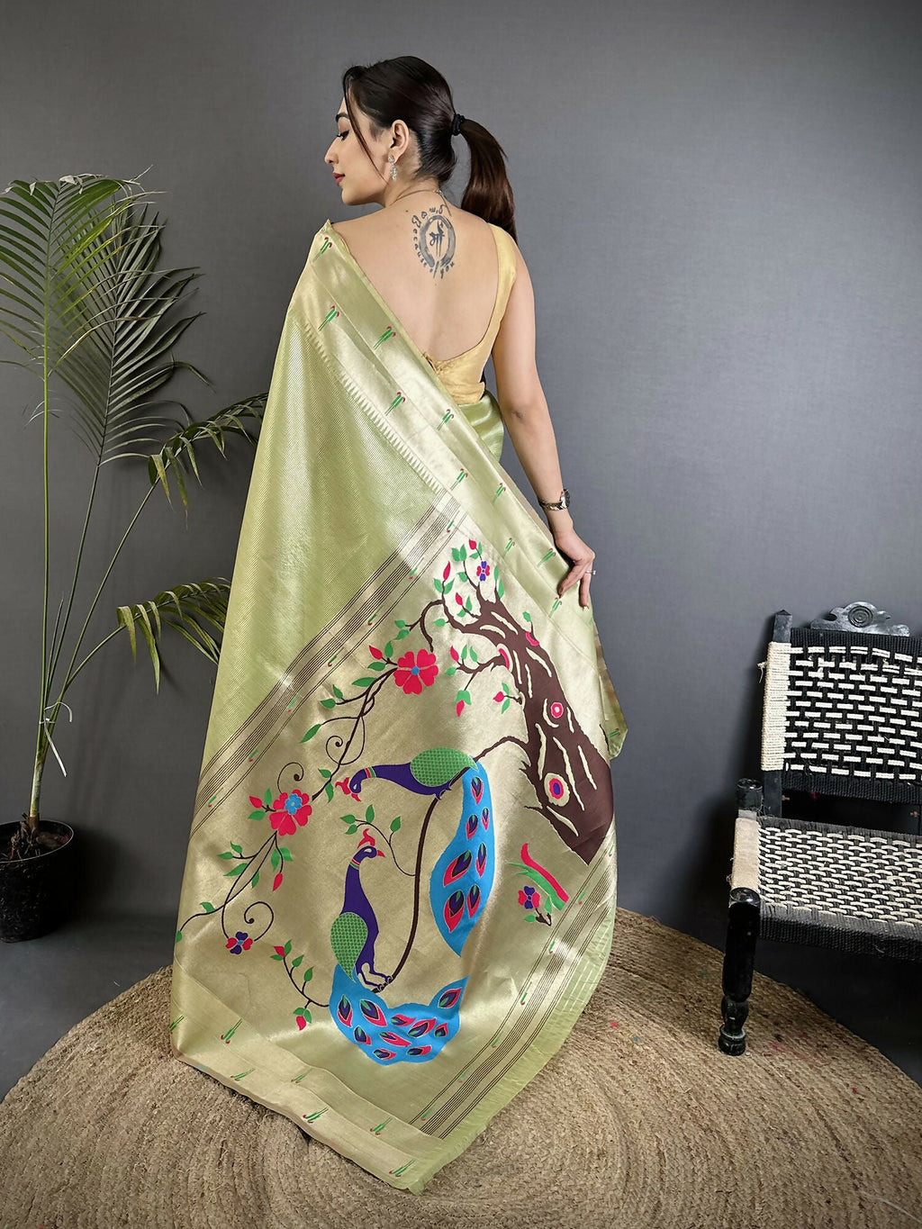 Joban Fashion Pista Green Peacock & Floral Motifs Tissue Paithani Saree