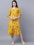 Myshka Women Yellow Floral Printed Flared Sleeves Thread Work Crepe Kurta - Distacart