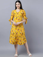 Myshka Women Yellow Floral Printed Flared Sleeves Thread Work Crepe Kurta - Distacart