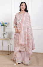 Miravan Women Brown Floral Printed Cotton Straight Ethnic Kurta with Palazzo and Dupatta