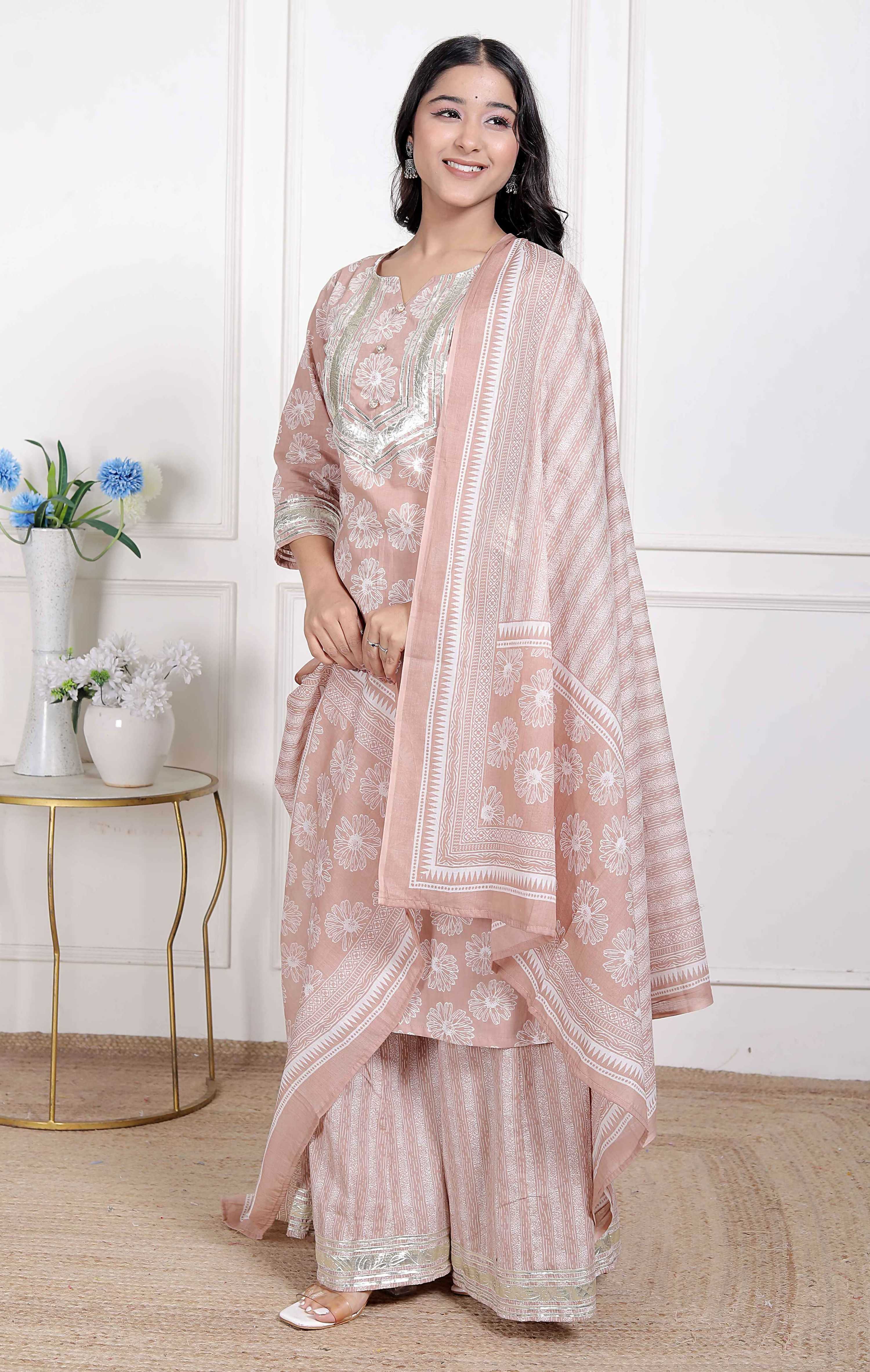 Miravan Women Brown Floral Printed Cotton Straight Ethnic Kurta with Palazzo and Dupatta