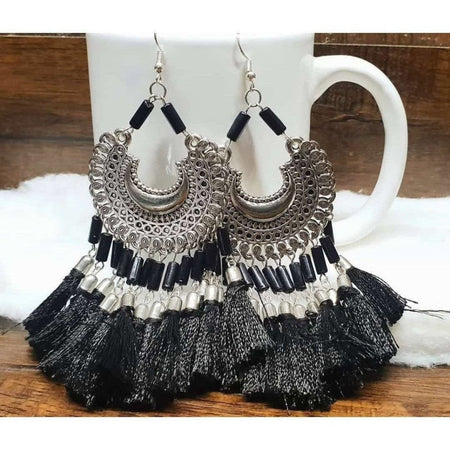 MS Fashion India Black Color Threads Oxidized Silver Afghani Chandbali Earrings