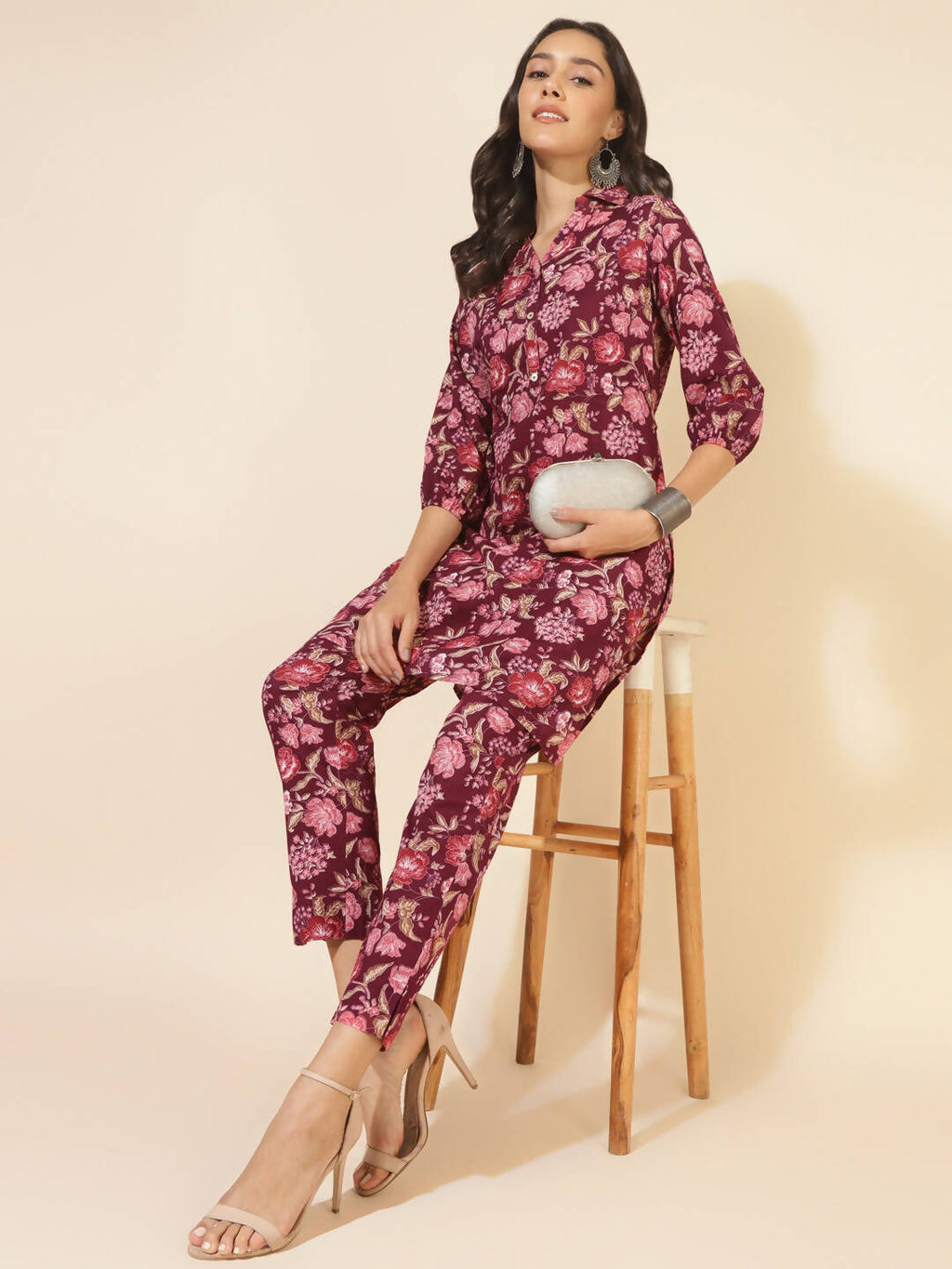 Janasya Women's Purple Cotton Floral Printed Casual Straight Kurta Set