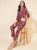 Janasya Women's Purple Cotton Floral Printed Casual Straight Kurta Set