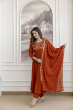 The52 Orange Women's Beautiful Vichitra Silk Fabric Embroidered Work Flared Anarkali Pant and Dupatta Set - Distacart