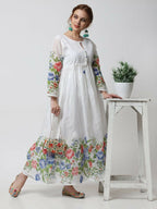 Cheera Women Stylish Hand Chikenkari And Digital Printe Cotton Organza Flared Anarkali Kurta - White