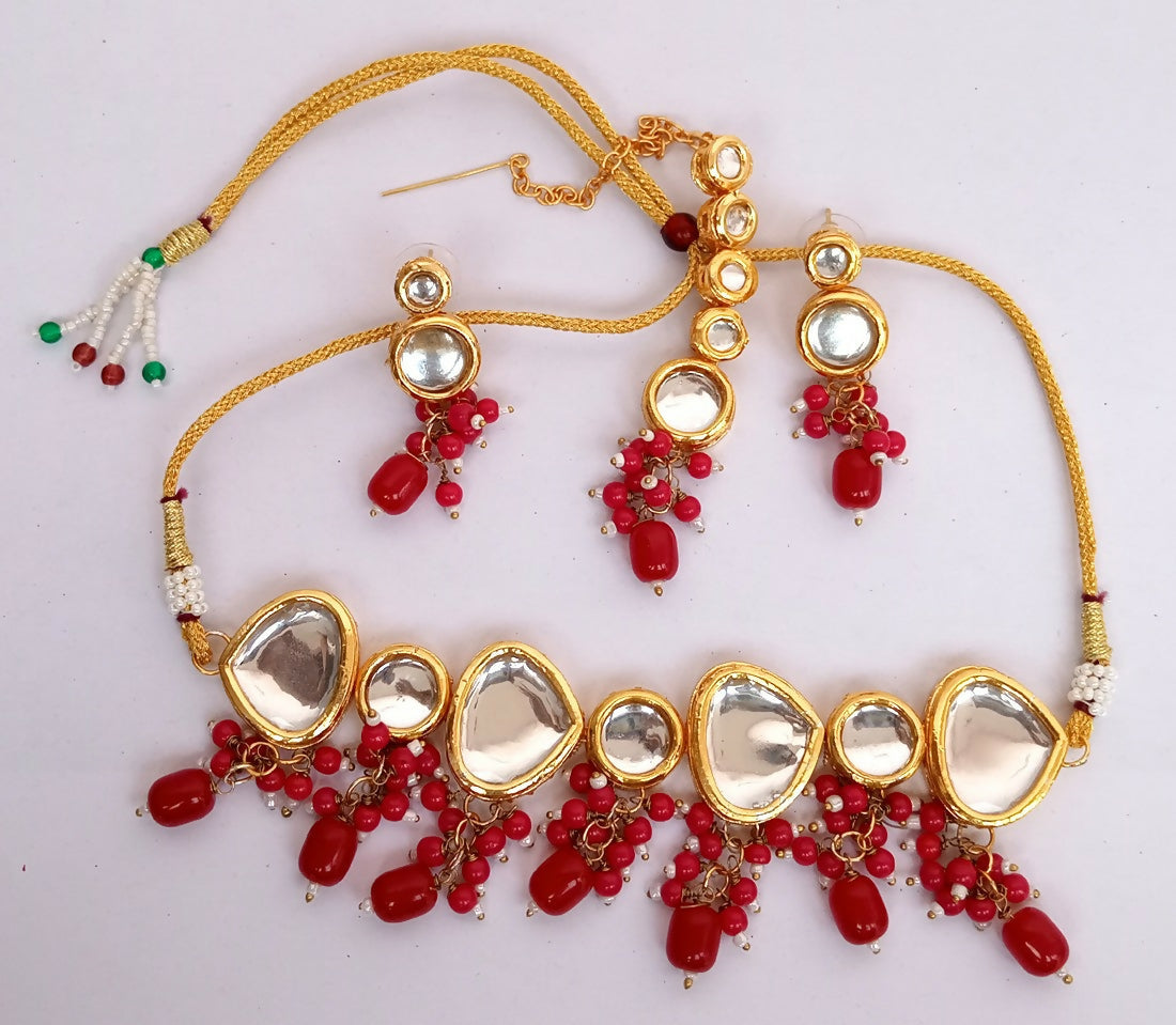 Joban Fashion Red Kundan Work Necklace Set