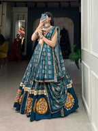 Vastranavya Navaratri Special Pure Rayon Printed With Foil Work And Gamthi Patch Work With Lace Touch Up Lehenga with Stitched Blouse - Teal