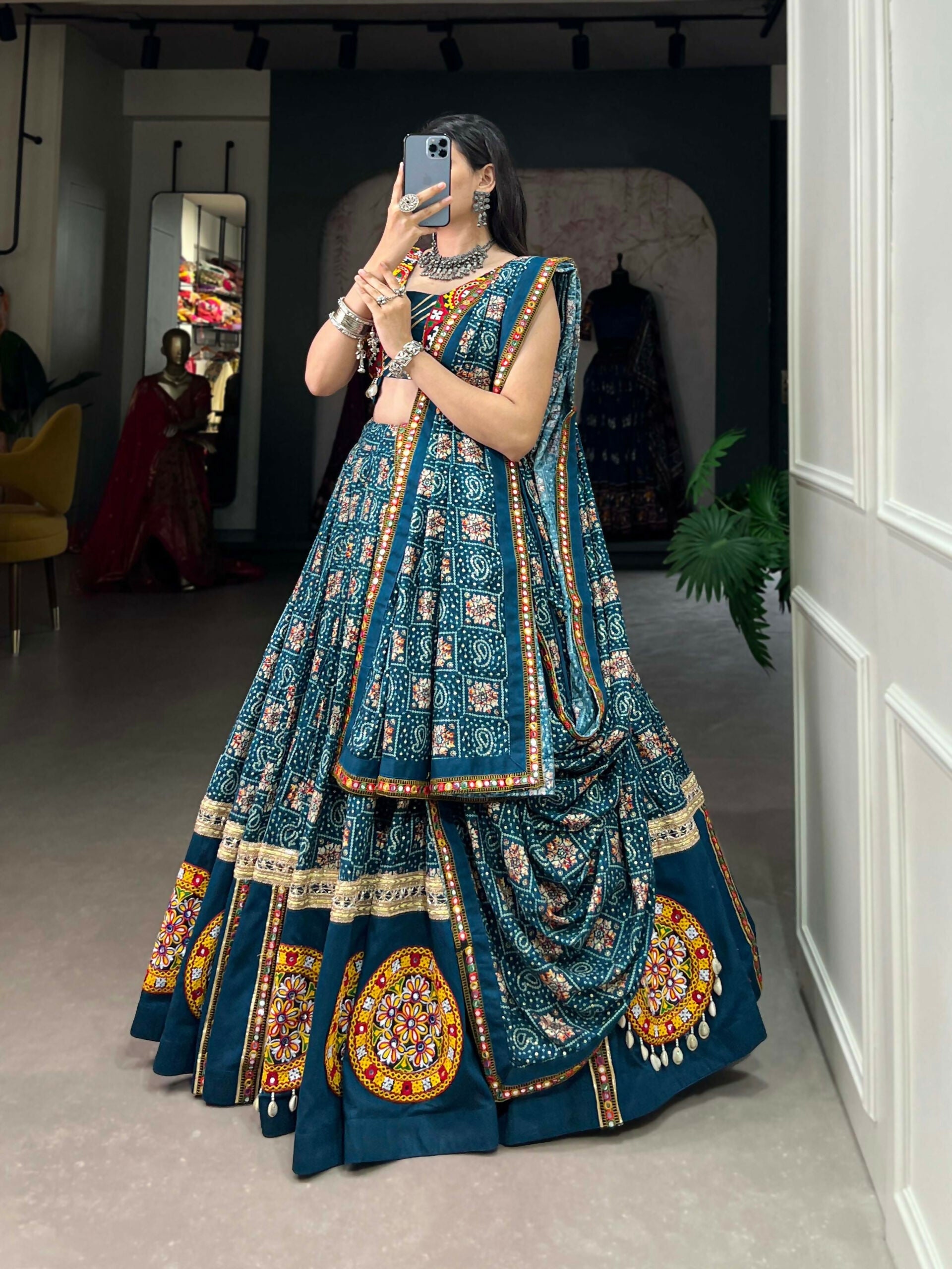 Vastranavya Navaratri Special Pure Rayon Printed With Foil Work And Gamthi Patch Work With Lace Touch Up Lehenga with Stitched Blouse - Teal