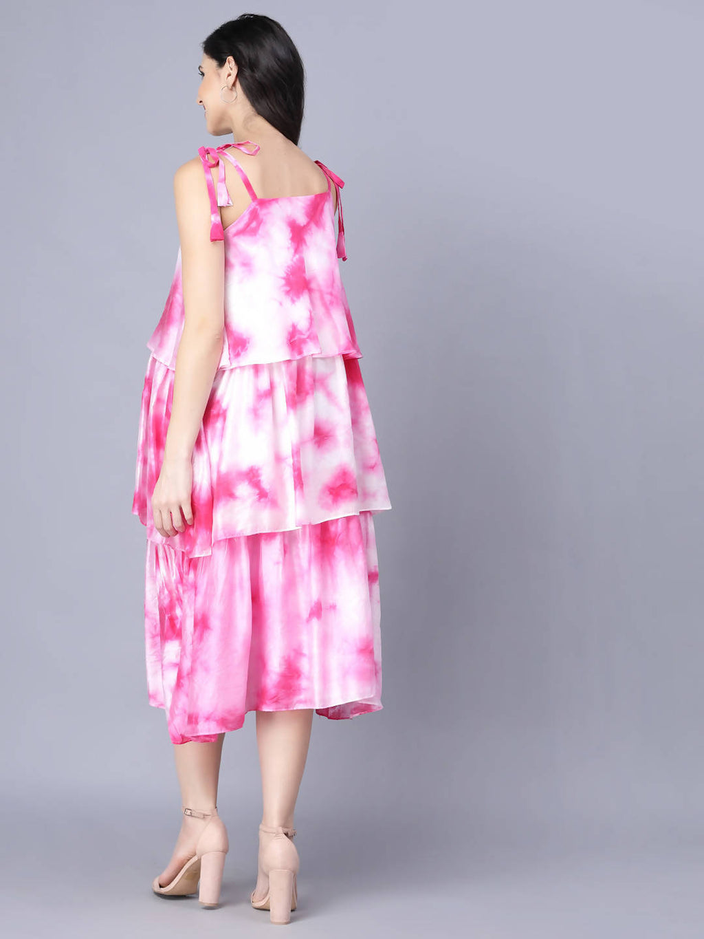 Myshka Women White Tie and Dye Dyed Layered A-Line Midi Dress - Distacart
