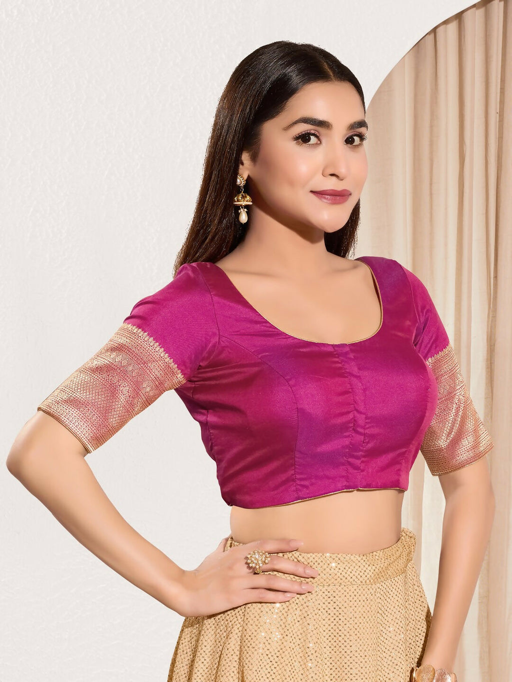 Joban Fashion Purple Taffeta Silk Padded Blouse With Round Neck Elbow Sleeves - Distacart