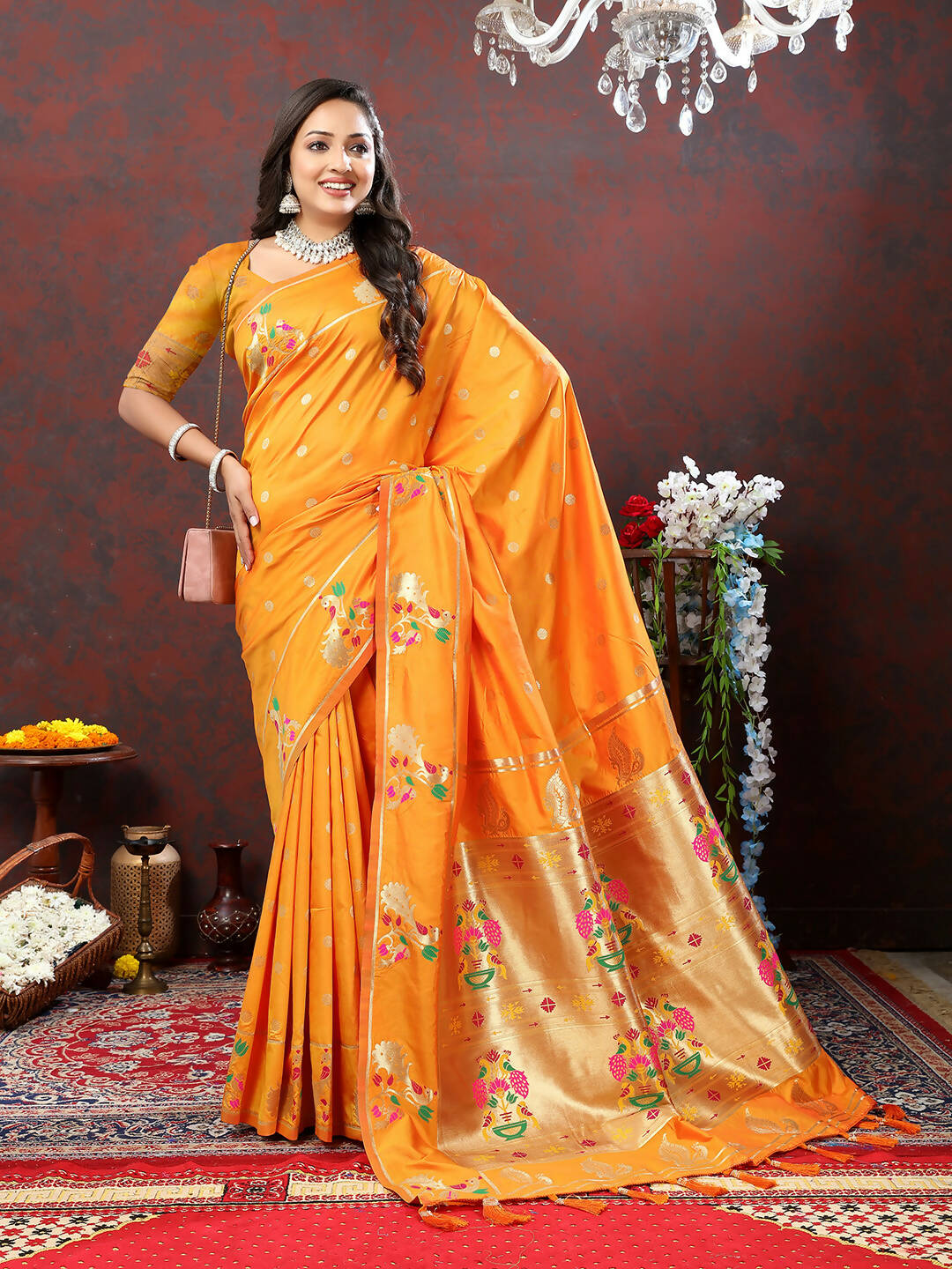 Lorenvalley Fashion Orange Soft Paithani Silk Woven Design Gold Zari Meenakari Weaving Saree