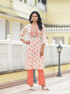 Juniper Women's Peach Floral Printed Cotton Kurta Pant With Dupatta Set With Sequins & Thread Work