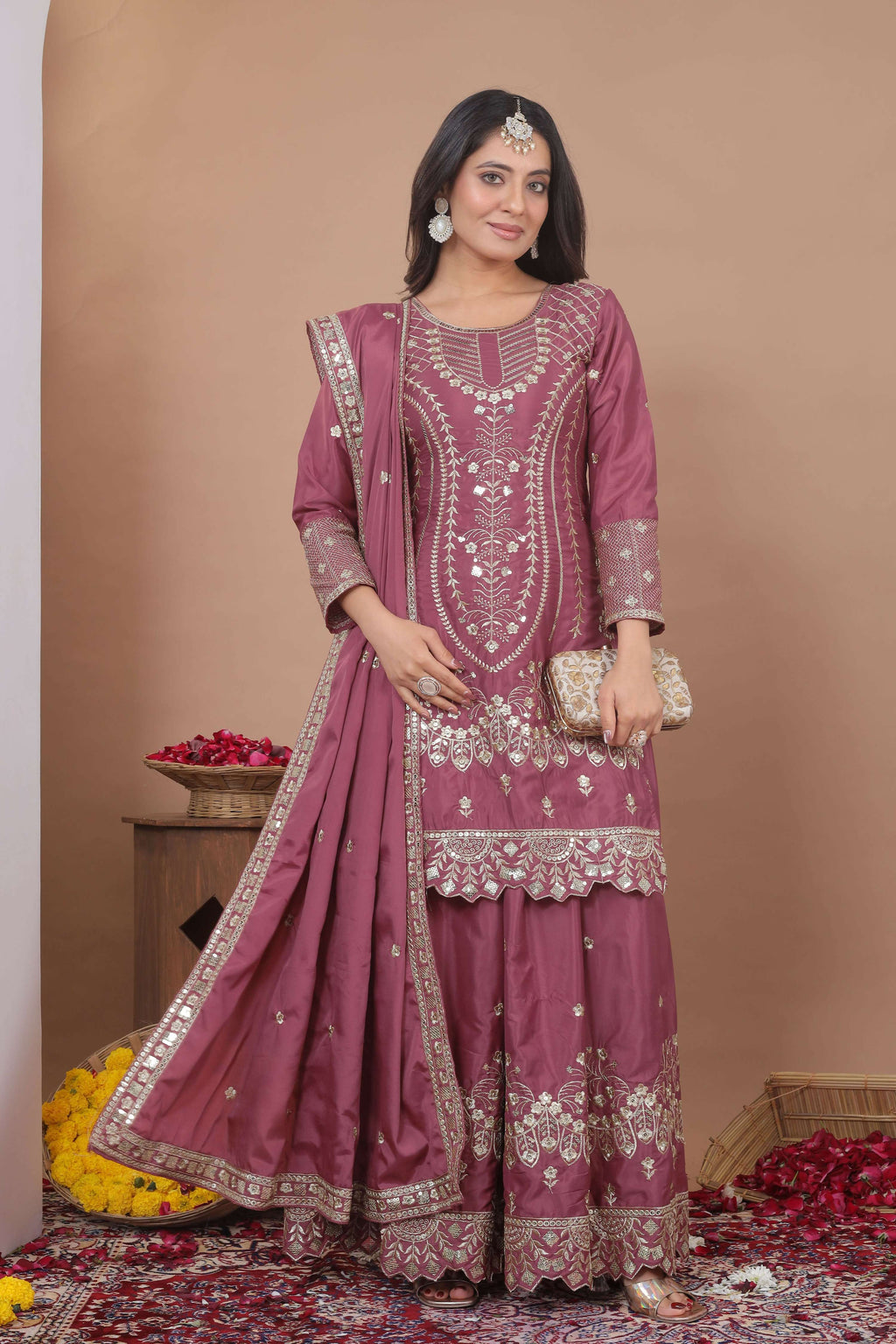 Lehenga Mart Designer Sharara Suit With Kurta, Sharara, Dupatta For Women-Mauve - Distacart