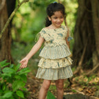 Mhyssa Beige and Blue Round Neck Flared Frock With Gathers