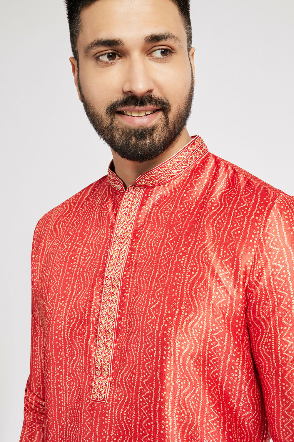 Ethnic India Red Men's Kurta Bandhani Polyester