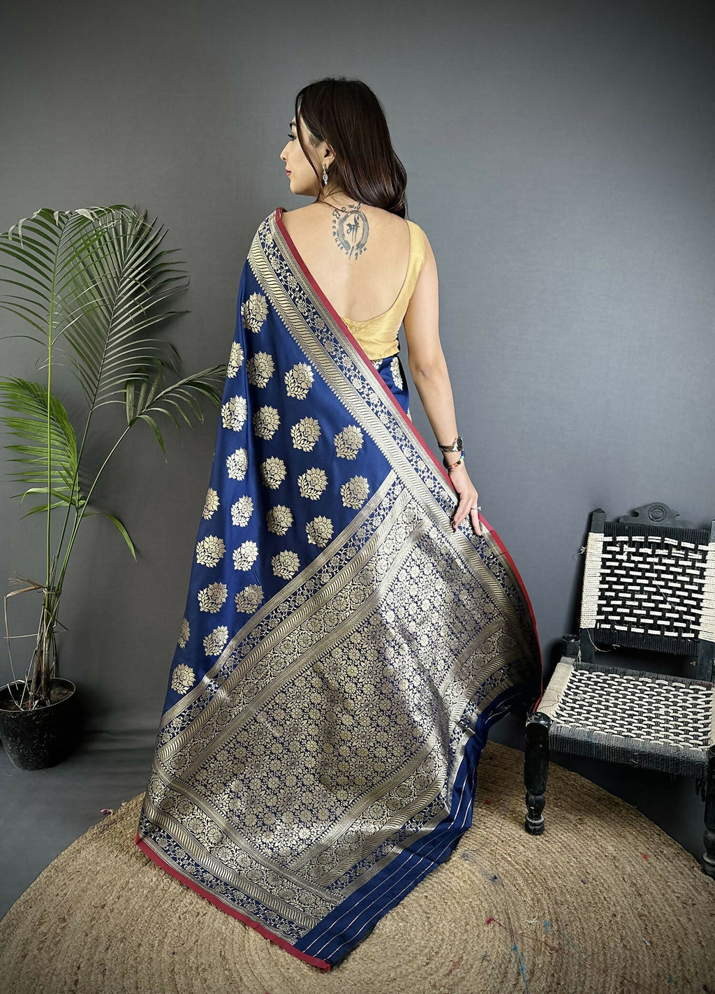 Joban Fashion Navy Blue Ethnic Floral Motifs Soft Lichi Silk Banarasi Saree - Distacart