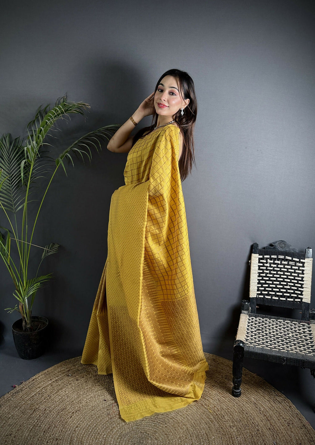 Joban Fashion Golden Yellow Banarasi Soft Lichi Silk Checks & Woven Saree - Distacart
