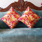 The Decor Nook Hand Embroidered Crewel Cushion Covers in Mustard Chinar Leaf Motif with Red Base
