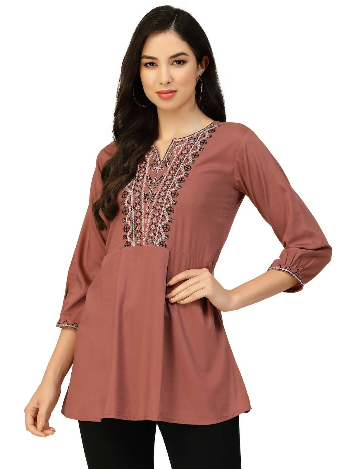 Brown Chinon Floral Embroidered Top - Zeny