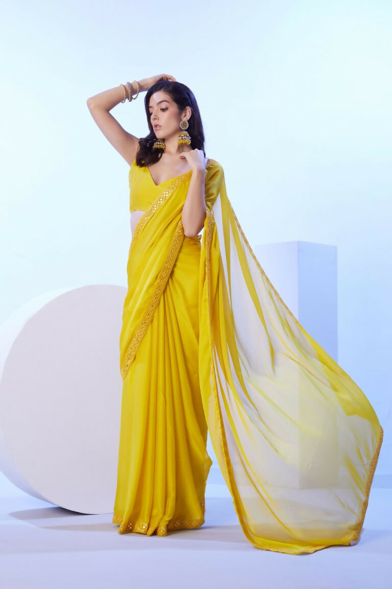 Yellow Moss Solid Designer & Lace Work Saree - Samaa