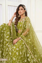 Aastha Fashion Olive Green Butterfly Net White Cotton Thread Work And Sequence Work Embroidery Wedding Wear Lehenga Choli