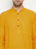 Even Apparels Yellow Pure Cotton Long Men's Kurta With Band Collar - Distacart