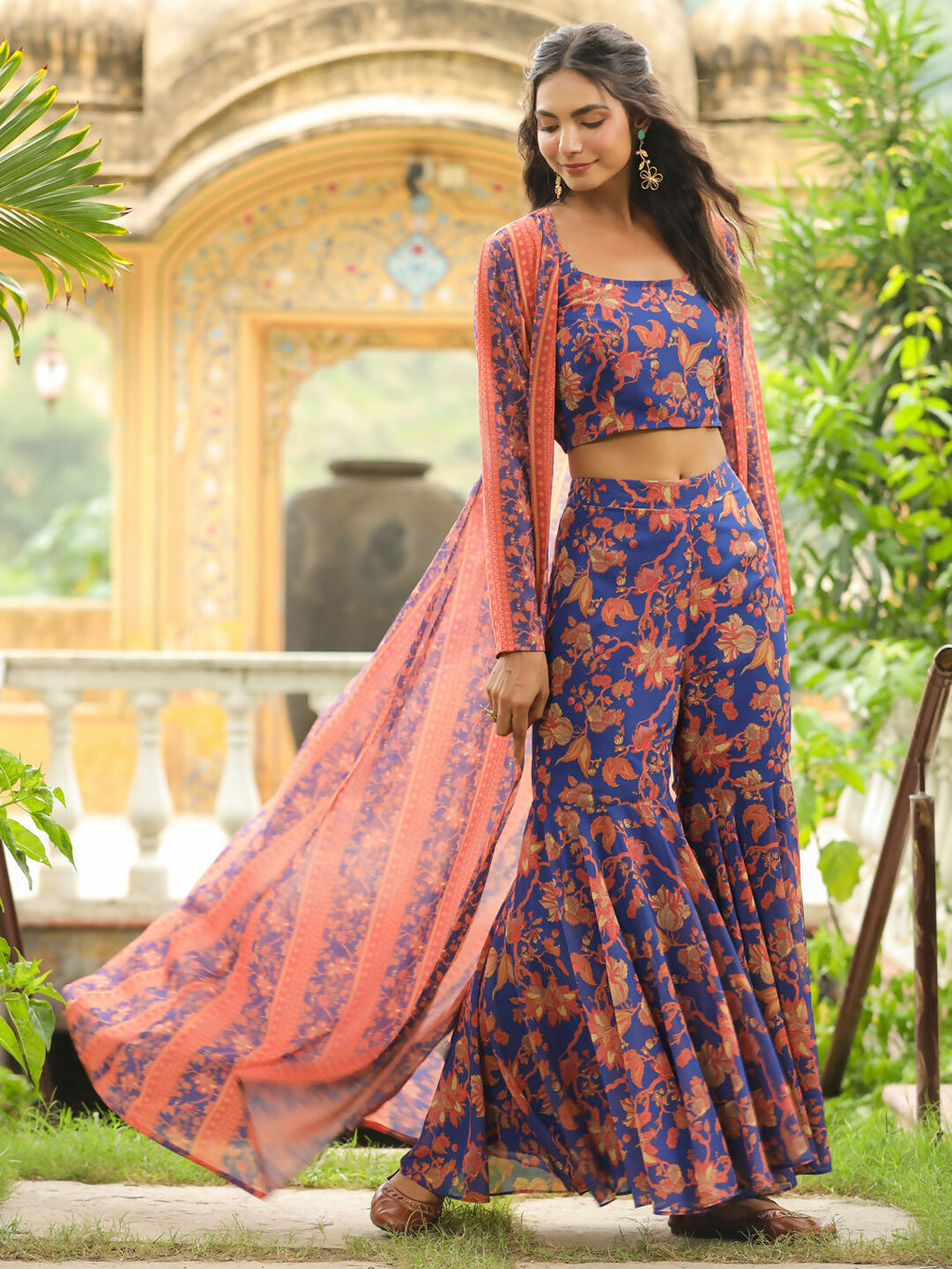 Janasya Navy Blue Georgette Floral Top,Bottom & Jacket