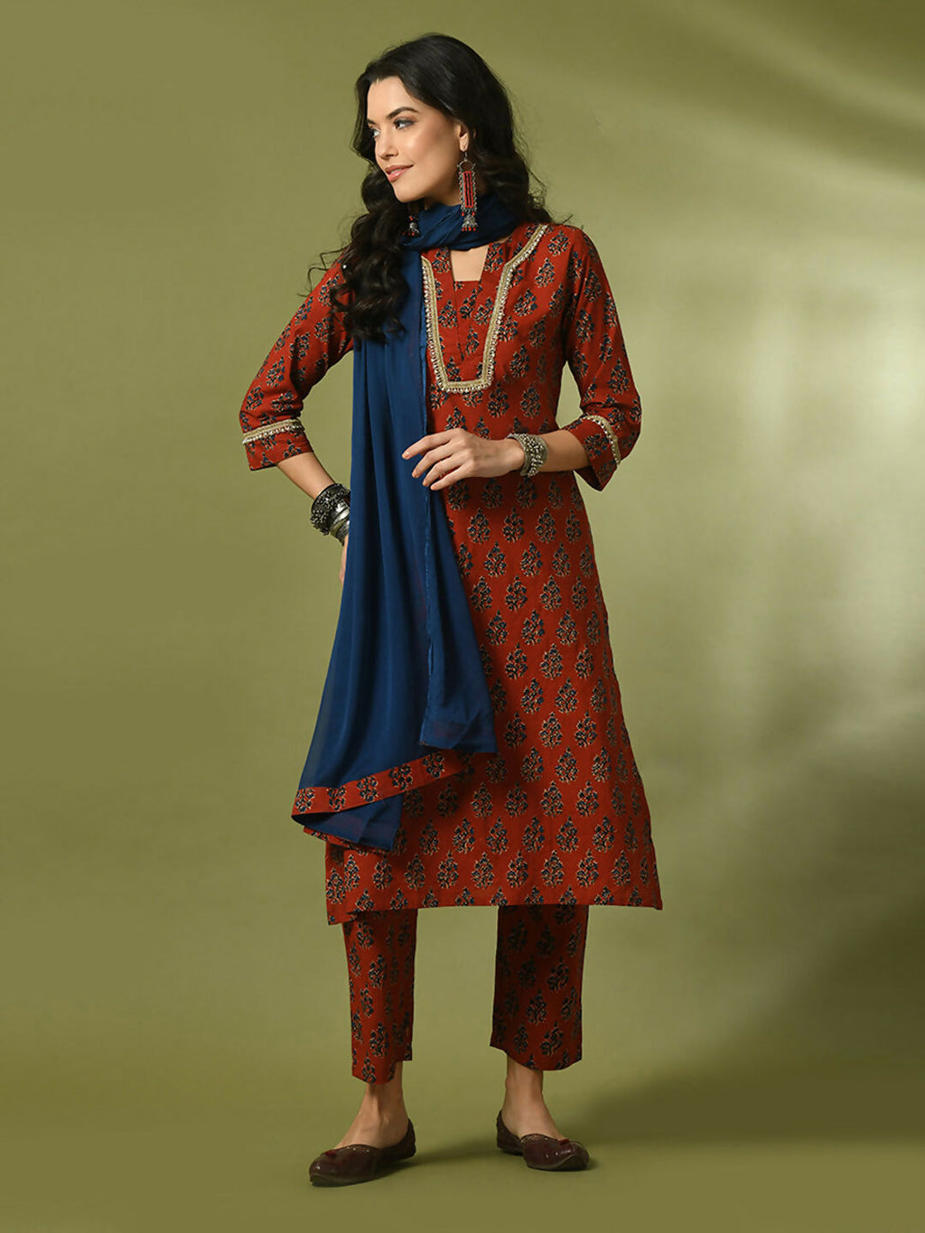 Myshka Women's Rust Printed Cotton Straight Party Kurta Set With Dupatta