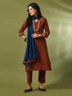 Myshka Women's Rust Printed Cotton Straight Party Kurta Set With Dupatta