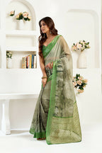 Joban Fashion Green Floral & Ethnic Motifs Linen Ready To Wear Saree With Unstitched Blouse - Distacart