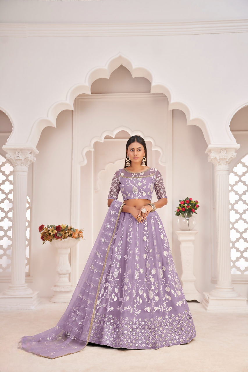 Eilara Women'S Light Purple Butterfly Net White Cotton Thread And Zari Sequence Embroidered Work Lehenga Choli For Party Wear
