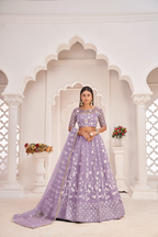 Eilara Women'S Light Purple Butterfly Net White Cotton Thread And Zari Sequence Embroidered Work Lehenga Choli For Party Wear