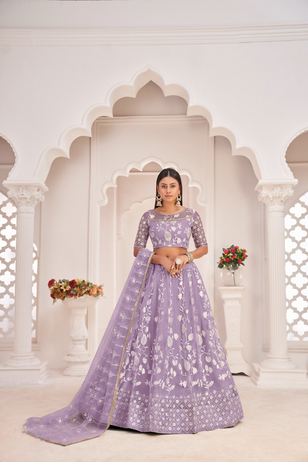 Eilara Women'S Light Purple Butterfly Net White Cotton Thread And Zari Sequence Embroidered Work Lehenga Choli For Party Wear