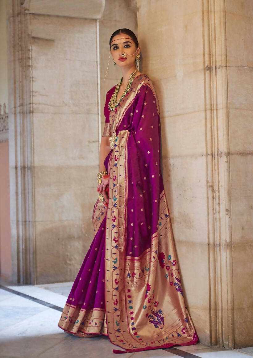 Mulberry Wood Purple Soft V.P. Silk Magnum Finish, Weaving, Golden Zari Paithani Silk Saree - Rath Kadampalli