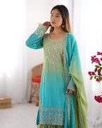 The52 Women's Beautiful Chinon silk Fabric Embroidery Work Straight Kurta Palazzo and Dupatta Set - Distacart