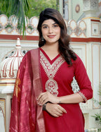 Miravan Women's Embroidered Pure Silk Red Kurta with Palazzo and Dupatta