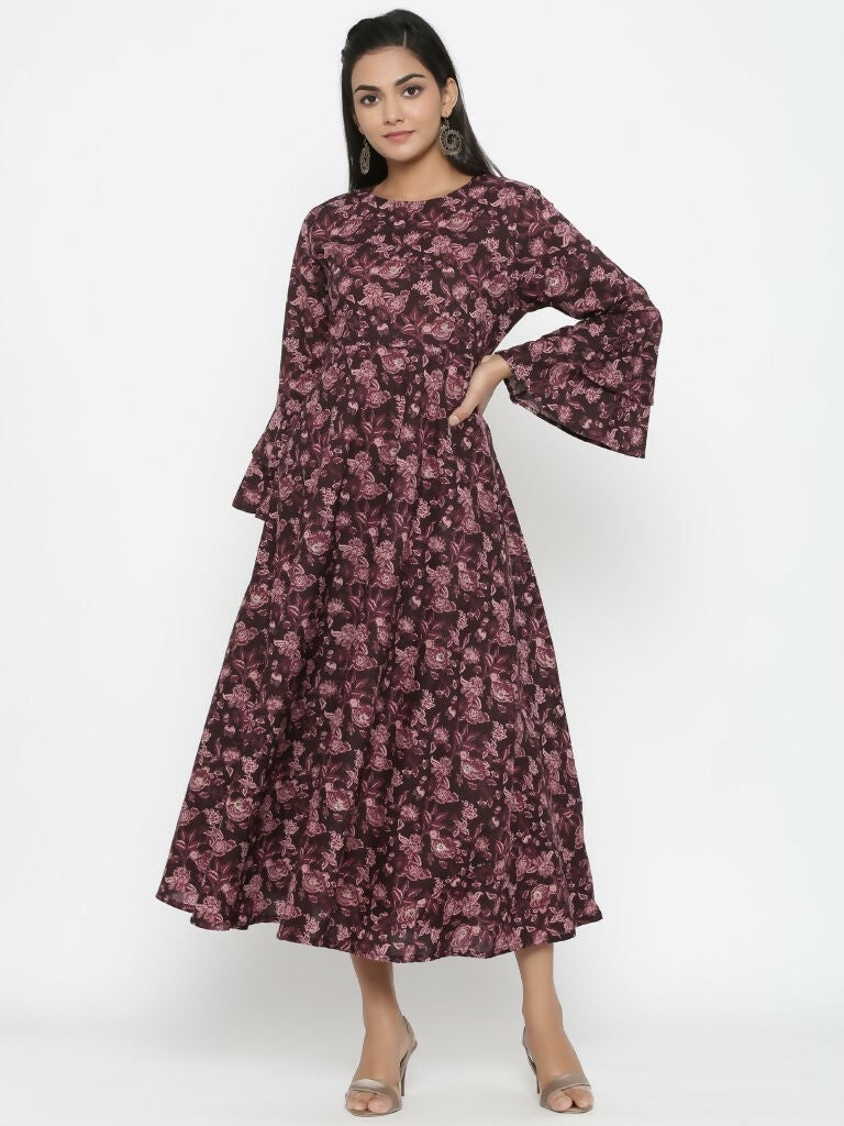 Miravan Women's Maroon Floral Bell Sleeves Anarkali Kurta